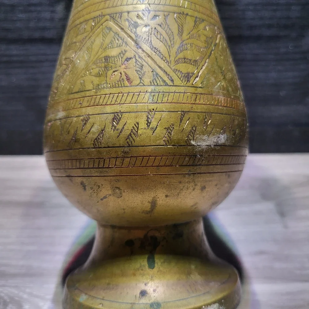 Brass Antique Vase Etched Vintage Solid Indian India Made Engraved Design Vtg